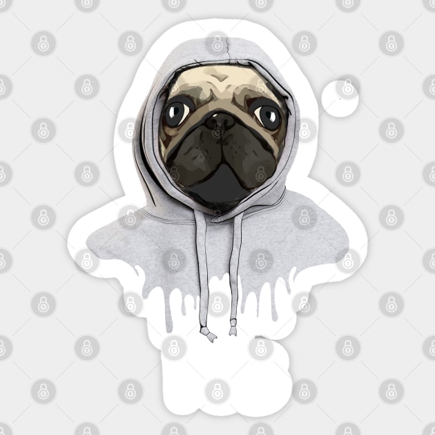 Pug, pug face and hooded sweatshirt, pug lovers, gift for pug lovers Sticker by Collagedream